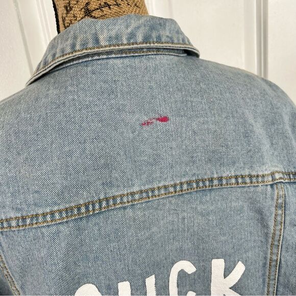 Sz XL John Galt Upcycled Hand Painted Graphic “Just Suck it” Lip Denim Jacket - Picture 13 of 14
